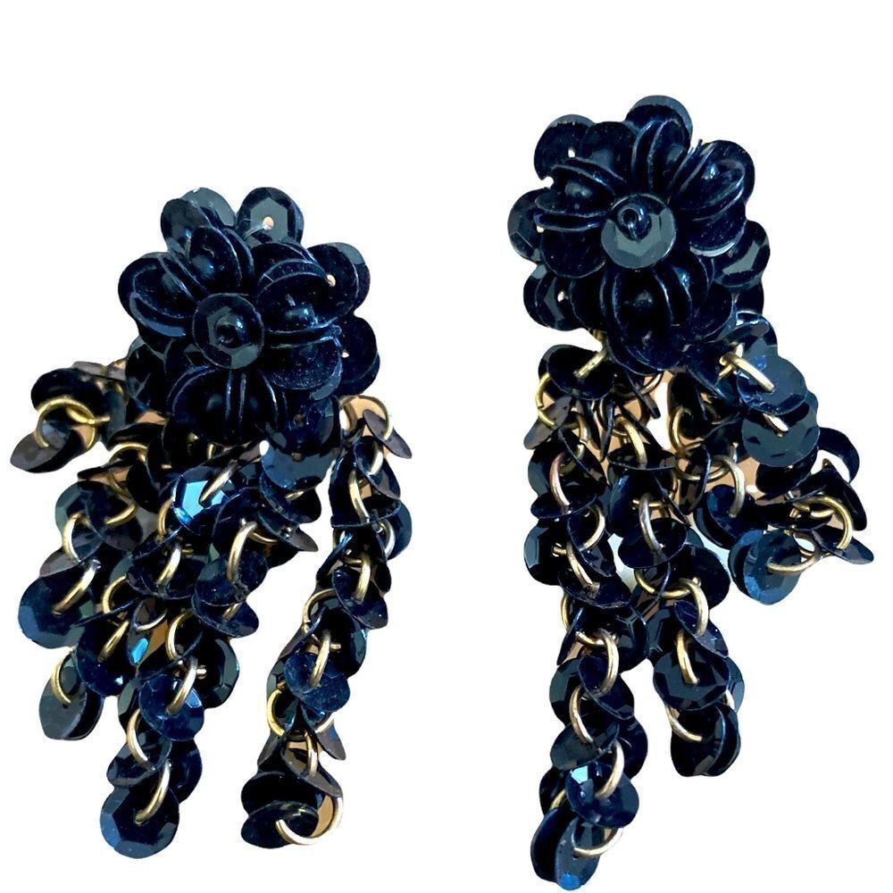 Vintage earrings, black sequin, flower, cluster fringe , pierced